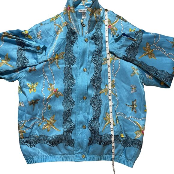 Vintage Blue 100% Silk Butterfly & Dragonfly Print Jacket Full Zip - Picture 11 of 11